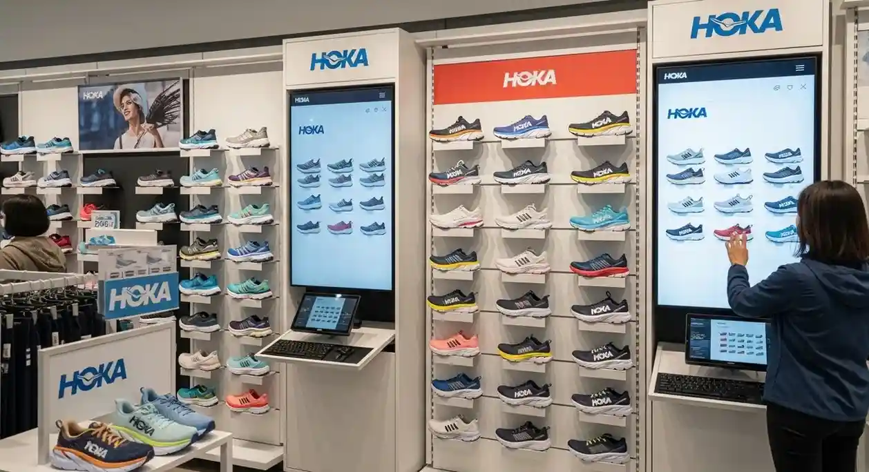 Hoka shoes on display at a retail store, highlighting options for in-store and online shopping.